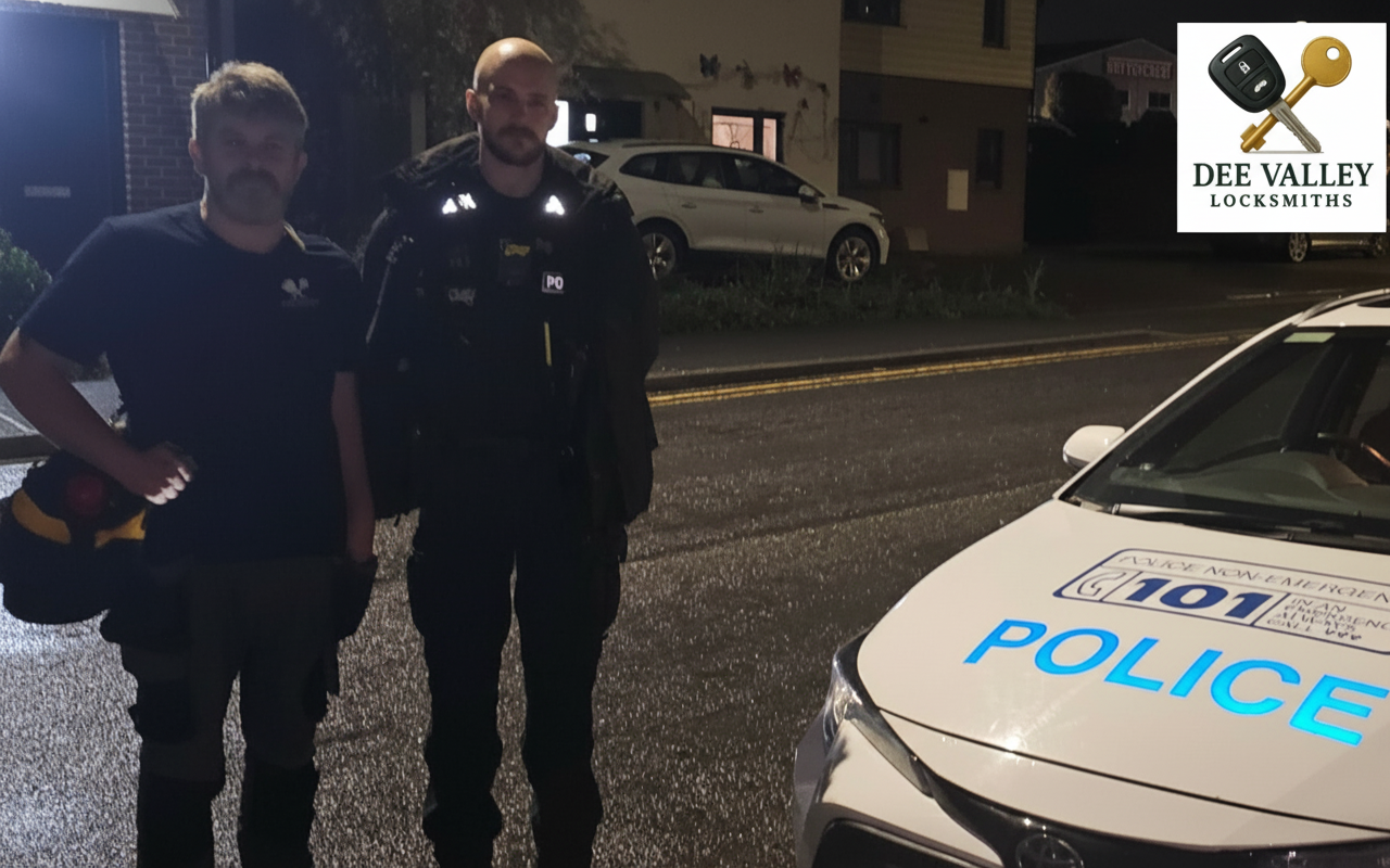 Police officer at a burglary scene – emergency burglary repair and lock replacement service across Wrexham, Chester and Shrewsbury