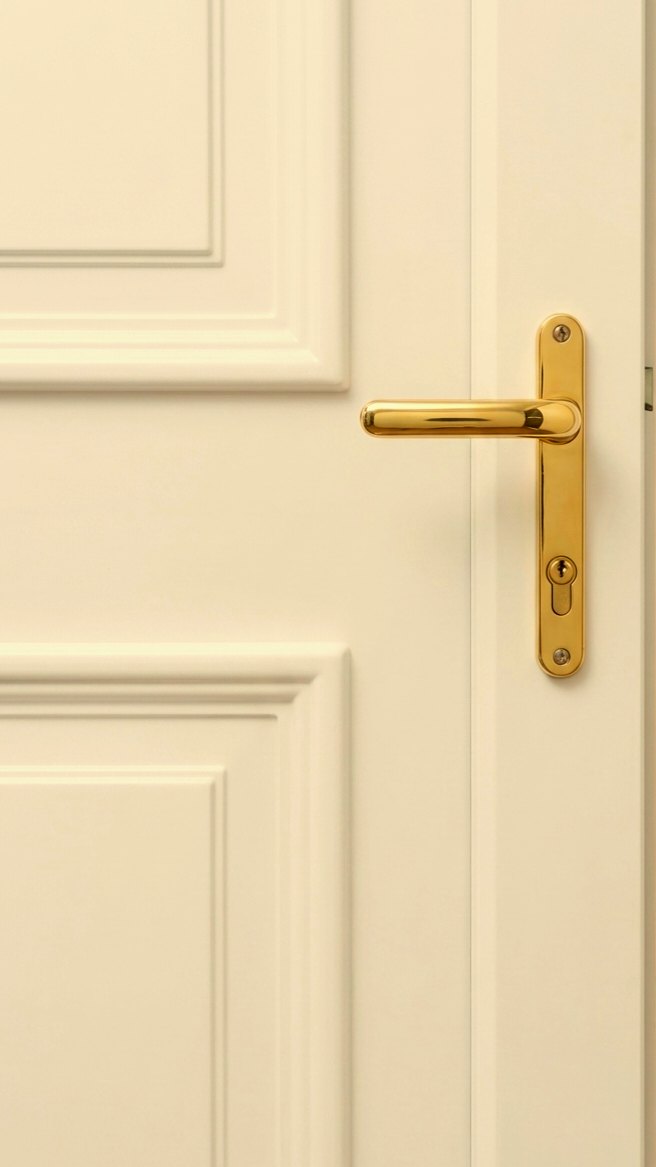 White panelled door with polished brass handle – Dee Valley Locksmiths, trusted Wrexham, Chester and Shrewsbury locksmith